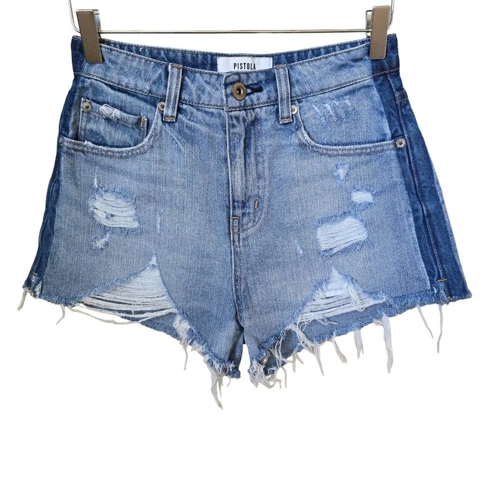 Pistola Two-Tone High Rise Distressed Denim Shorts Size 25 Frayed Hem